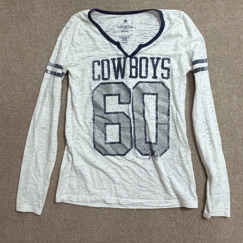 Dallas Cowboys Womens Long Sleeve Burnout T-Shirt White‎ Navy Glitter Graphic L